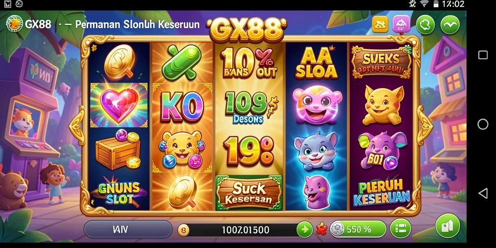 Tampilan gameplay GX88 yang seru dengan berbagai simbol dan efek menarik.