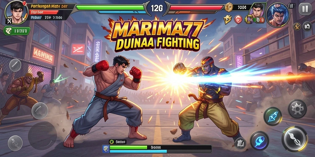 Screenshot gameplay pertarungan MARIMA77 yang mendebarkan.
